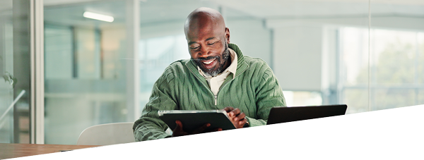 male reviewing content on device