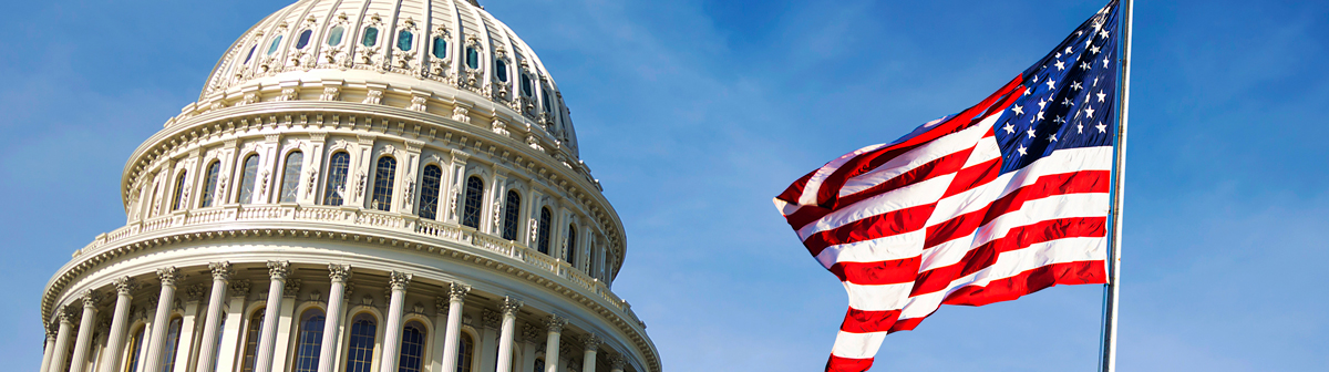 American flag waving with the Capitol Hill