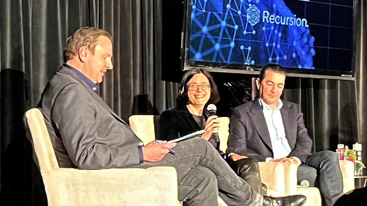 Recursion CEO Chris Gibson sits on a panel at an event with Nvidia at JP Morgan 2024.