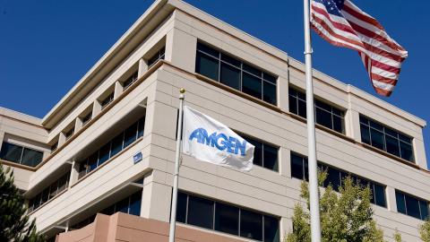 Amgen building with US flag