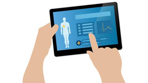 digital health cartoon of hand pointing at tablet with biometrics