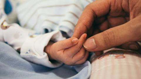 Adult holding the hand of a newborn baby