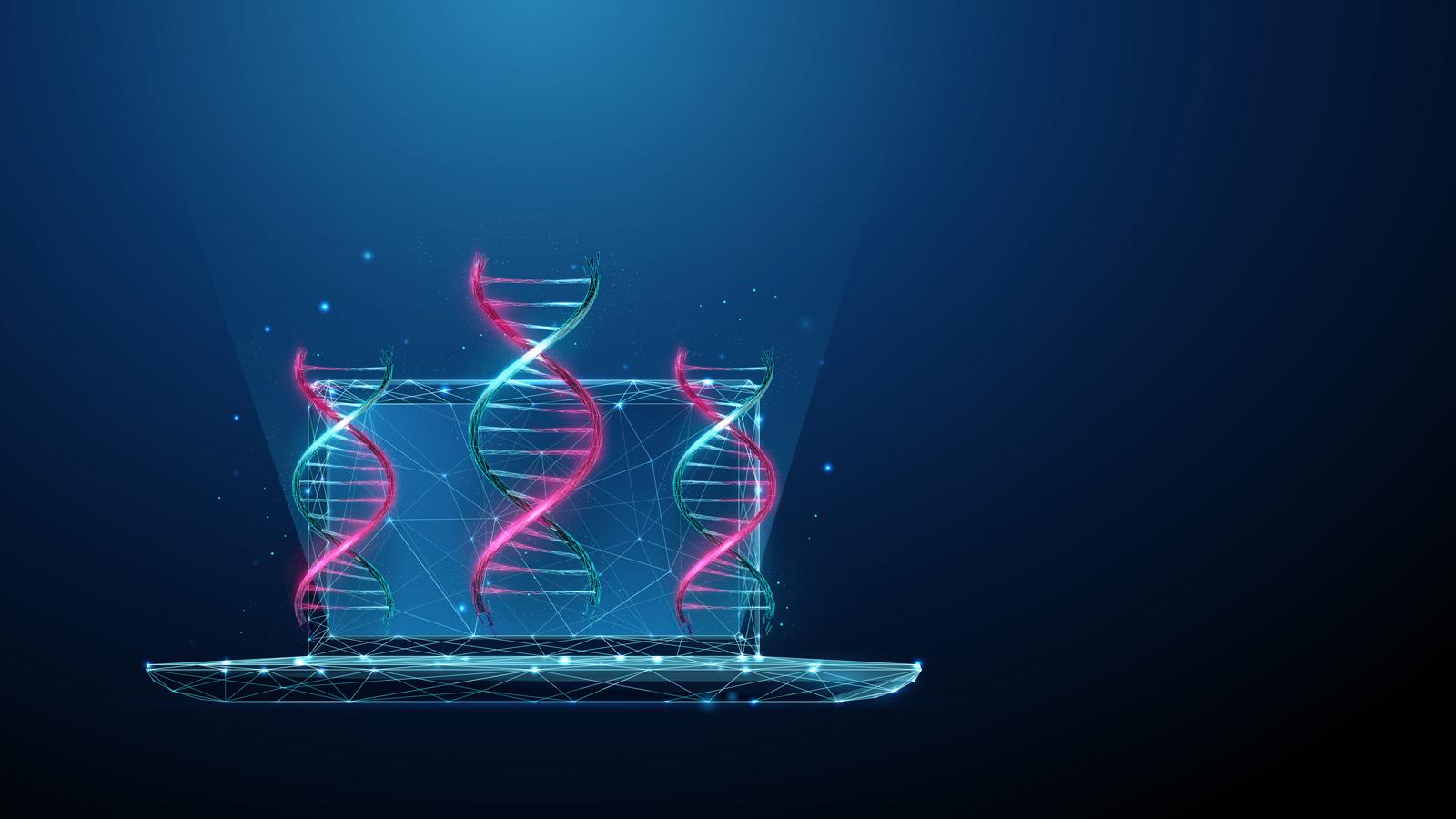 Abstract laptop with coloured DNA molecule