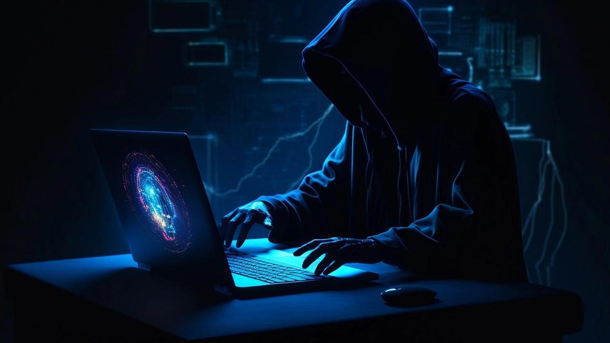 hacker in dark room with laptop