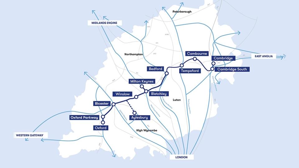 Map showing the East West Rail route that lies at the heart of the Oxford-Cambridge supercluster plan