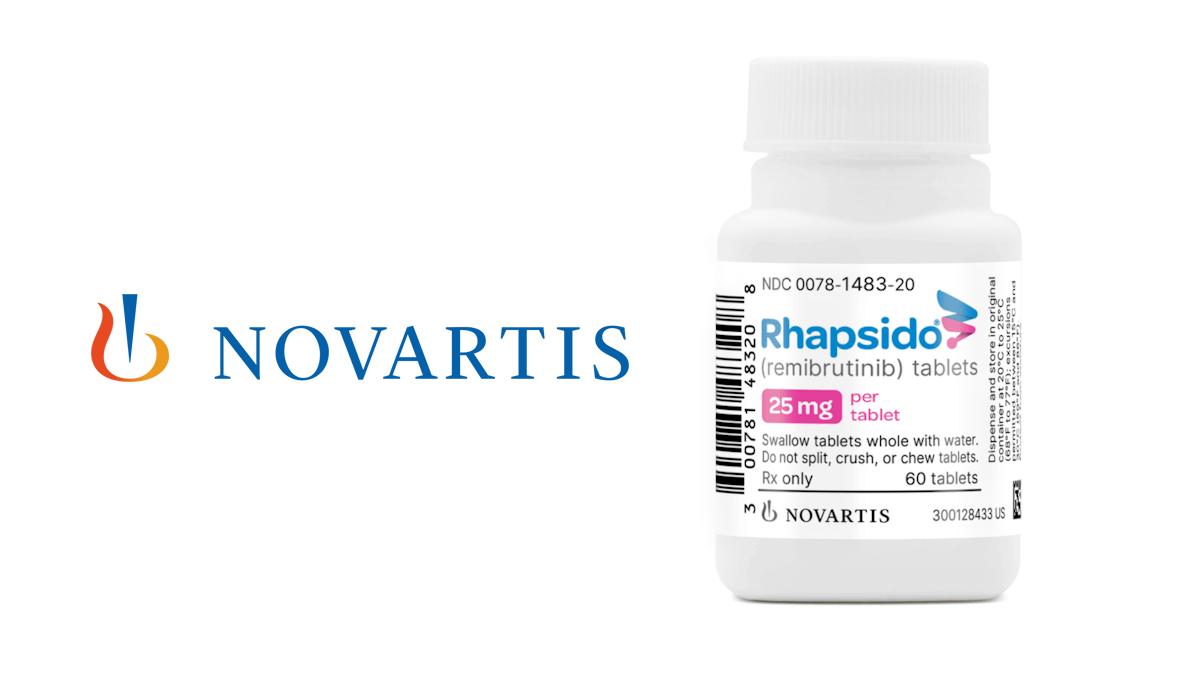 Pill bottle of remibrutinib and Novartis logo