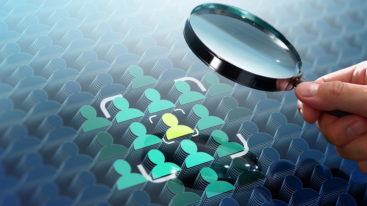 Market analysis people icons in stack with magnify glass