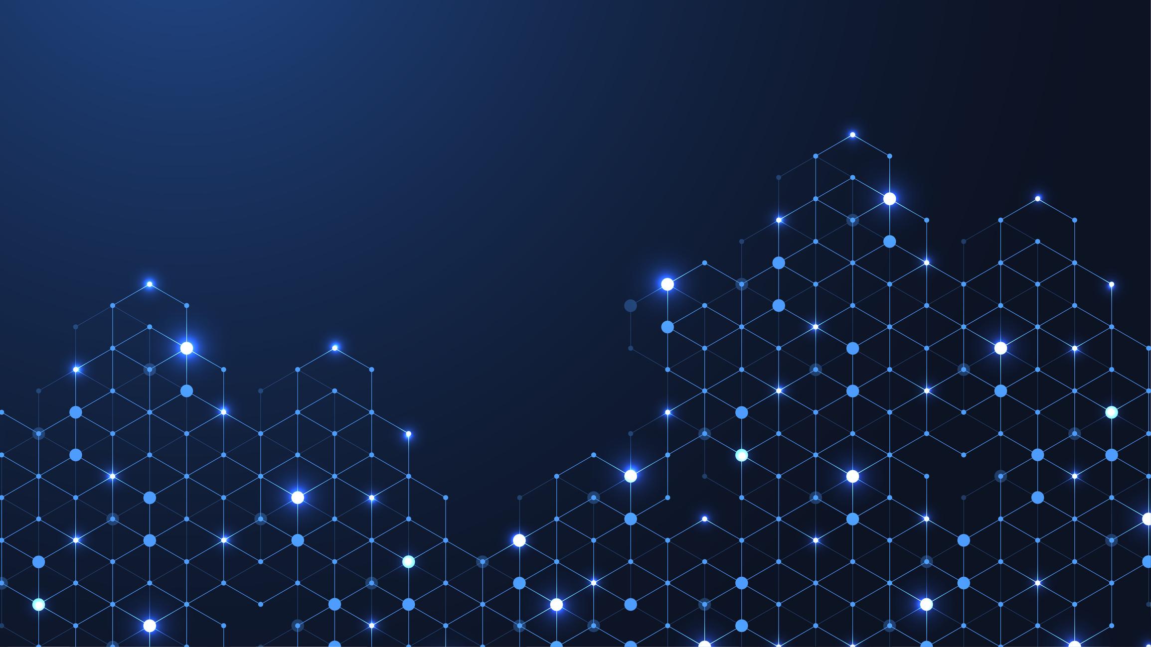 Hexagonal rendering of AI concept on dark blue background