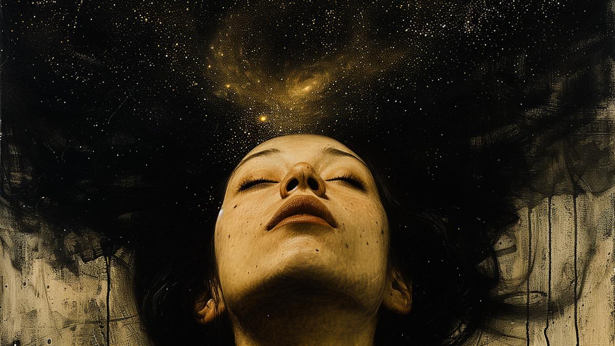 Animation of a woman looking up to the top of her head