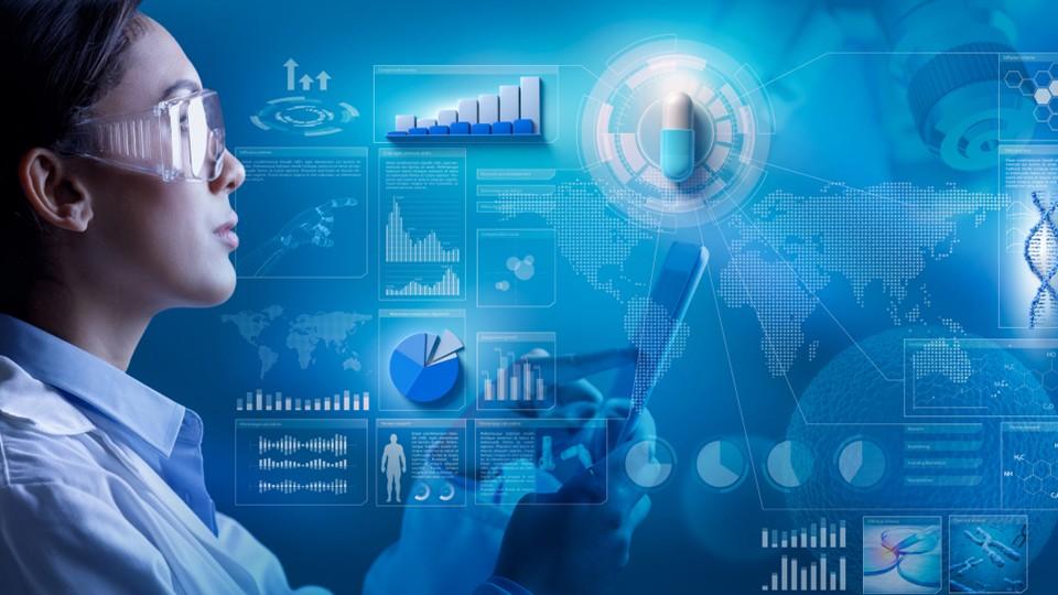 Female scientist in a digital health and pharma scenario