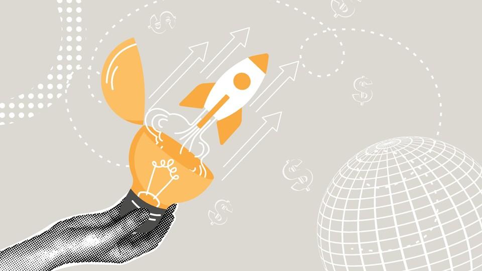 Graphic illustration of hand holding launching rocket with dollar signs and a globe in the background