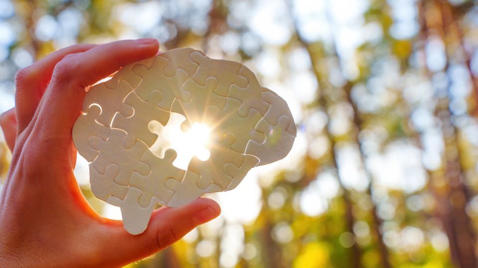 Brain puzzle with piece missing, letting through the sunlight