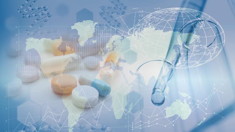 Map with medicines and pipette superimposed for global clinical trials concept