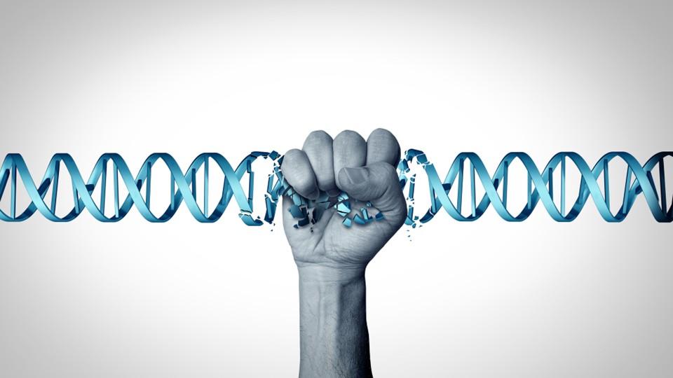 A hand grabs and breaks a DNA chain to represent biohacking