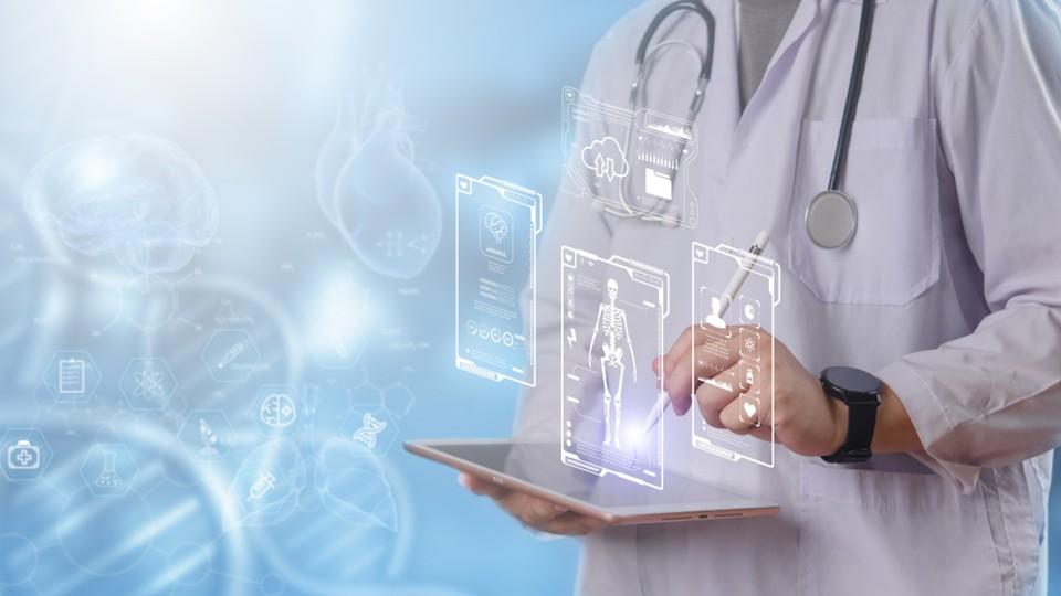 Healthtech concept, HCP with tablet and hologram apps
