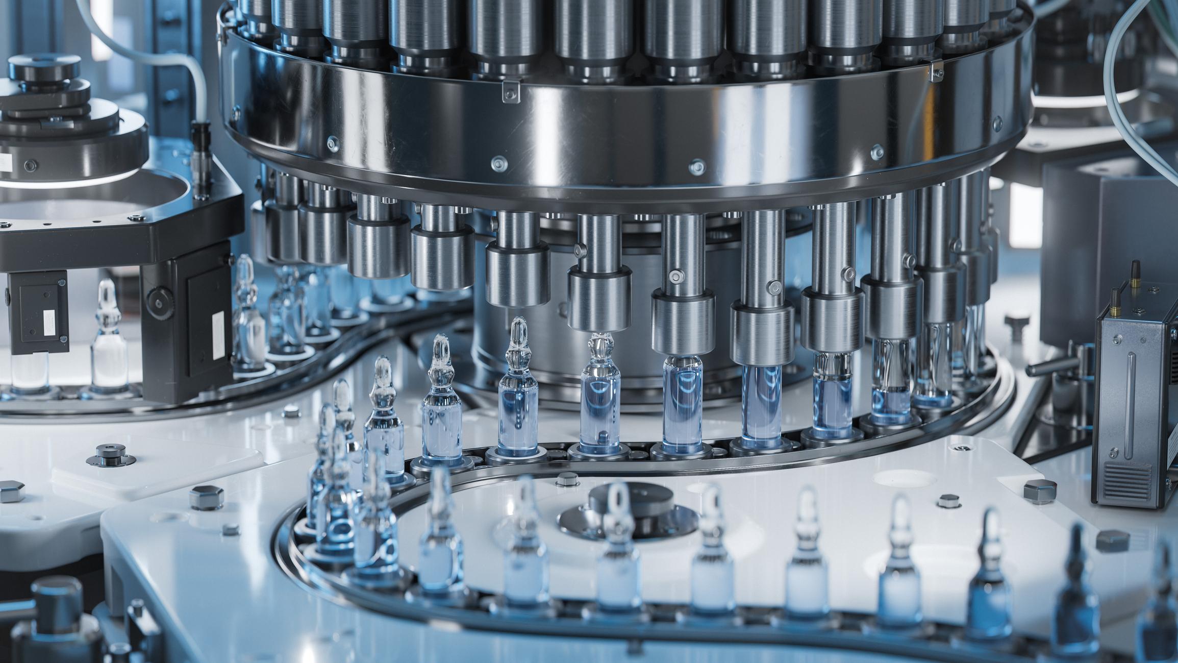 Pharma manufacturing, bottles in a factory