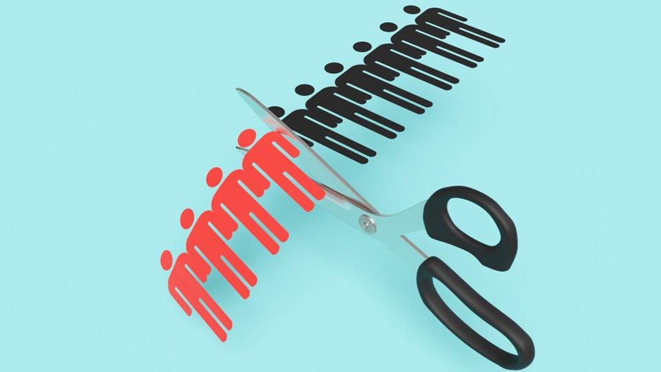 Scissors snipping off half of workforce concept