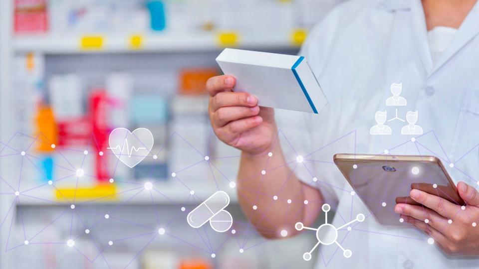 Pharmacist reads doctor's notes with AI overlay concept in pharmacy