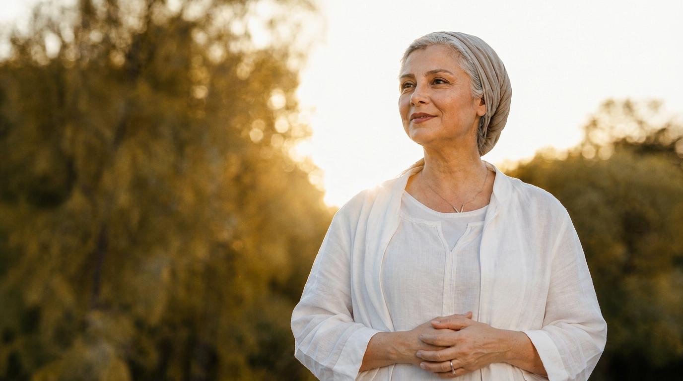 Elderly lady smiling with gentle sunlight behind her