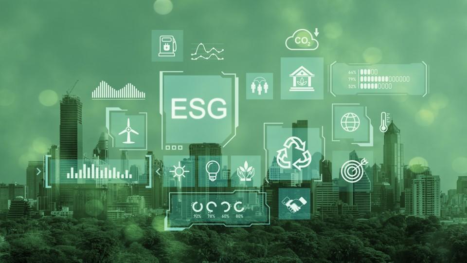 ESG considerations digitally overlain on green cityscape background