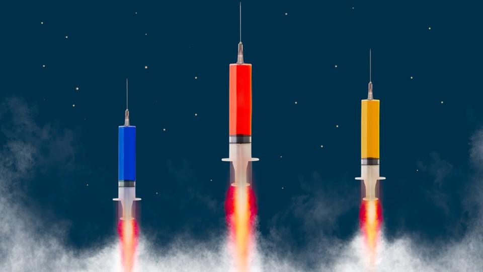 Three separate injections - blue, red, and yellow - take off against black background