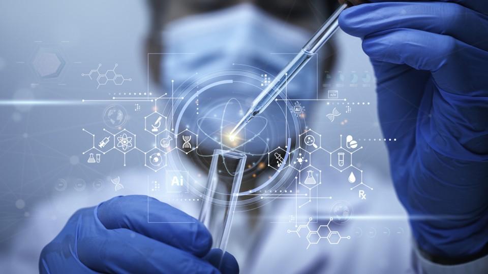 Scientist with test tube and pipette and overlay of AI drug development concepts