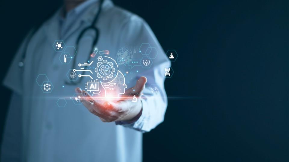 HCP holds digital concept of AI drug discovery in palm of hand on black background