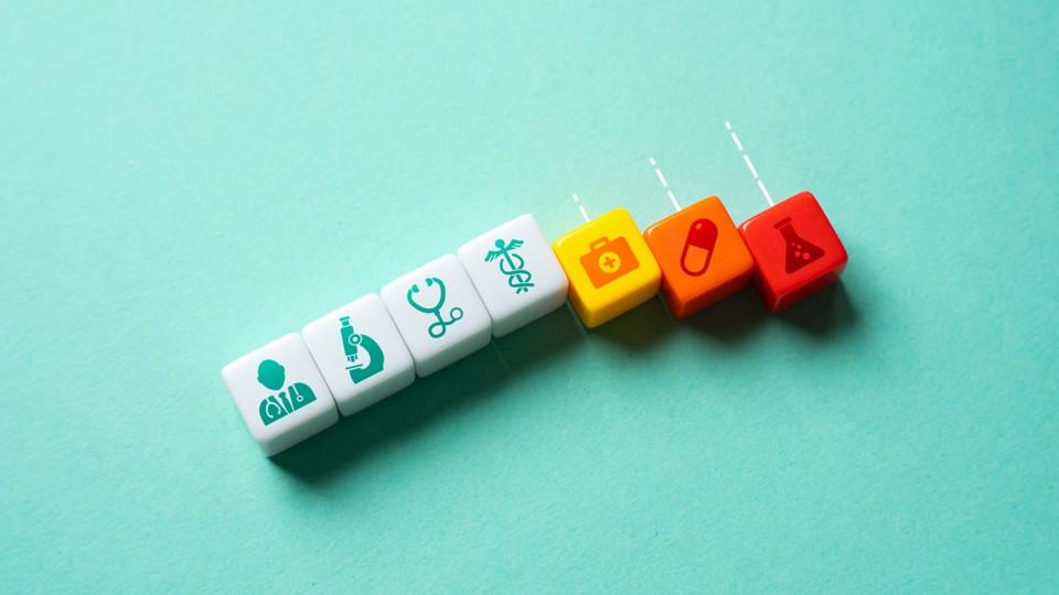 Medicines access concept, life sciences symbols on aqua background