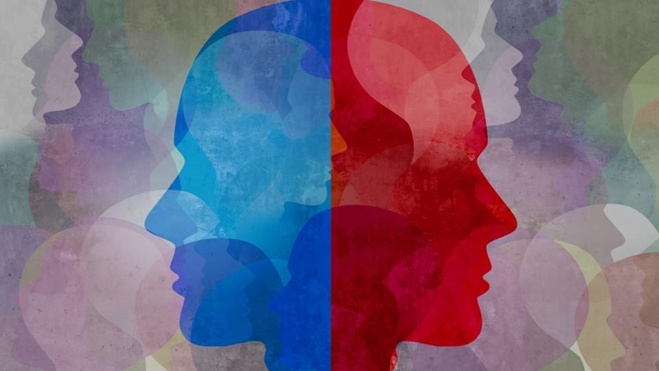 Two faced man's silhouette, one side blue, the other red, with faces in the background