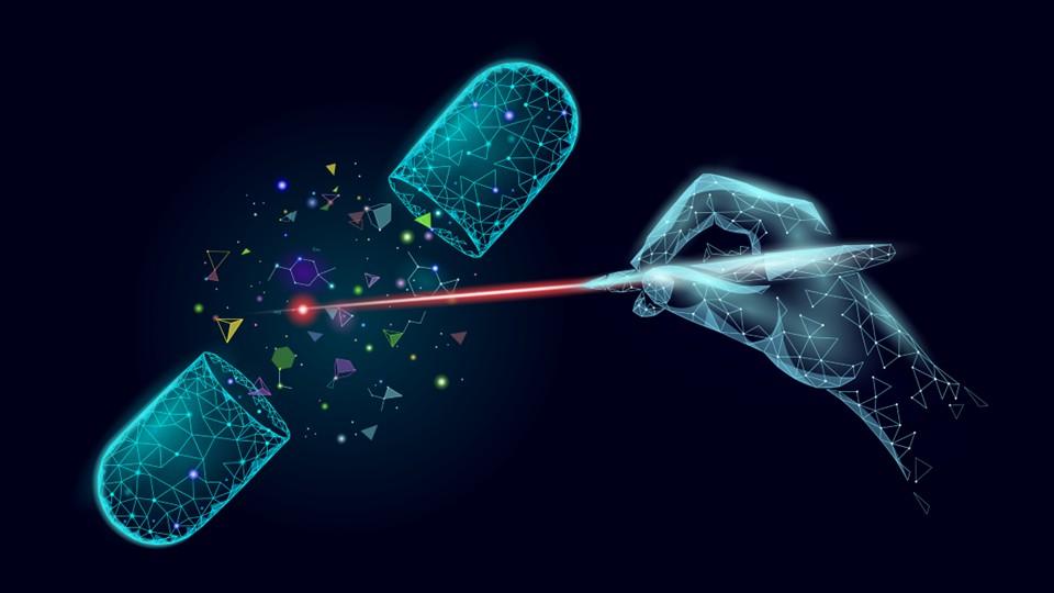 Digital pill, molecules inside, and digital hand with precision laser