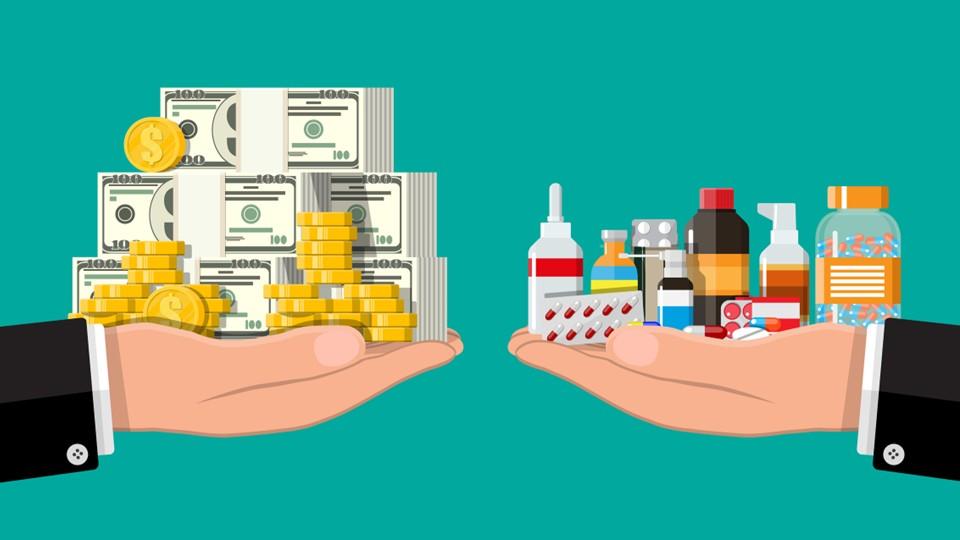 Two business hands outstretched, one weighing cash, the other drugs, for balance