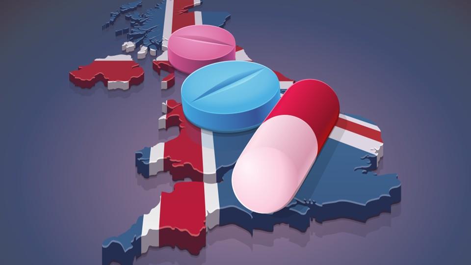 drug pricing in the UK, pills overlain on map
