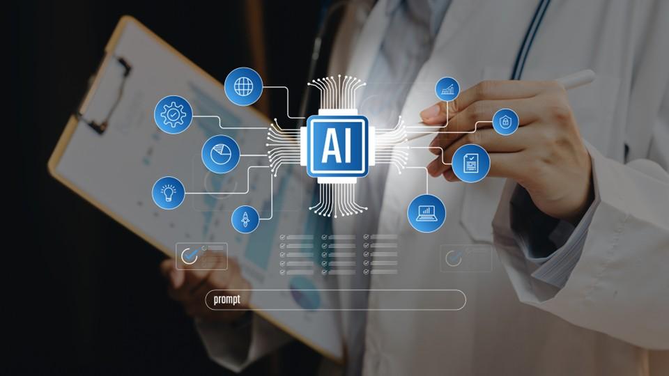 AI-native clinical research concept of HCP, clipboard, and AI capabilities overlain