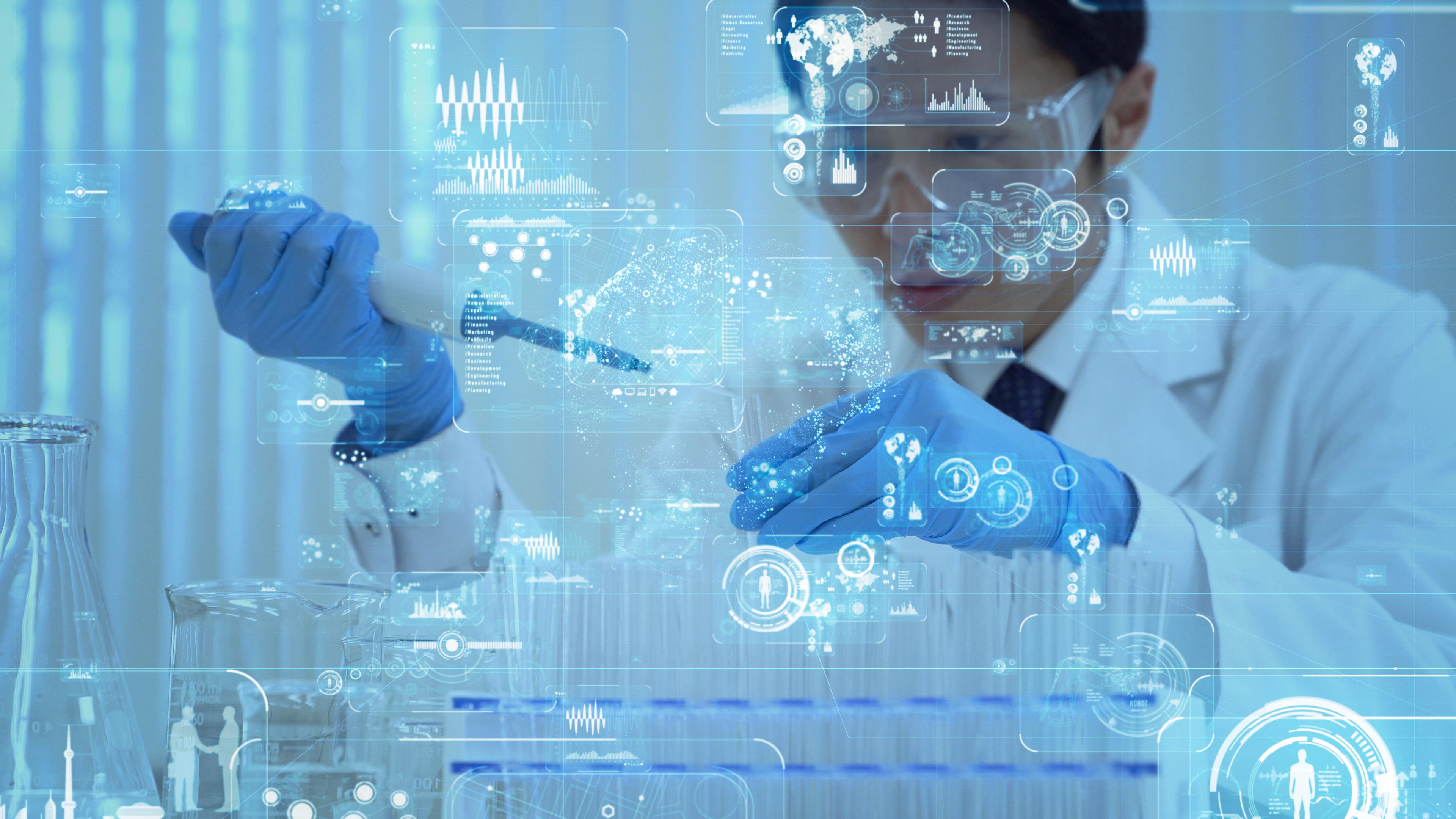 AI concept in life sciences, male scientist in the lab in background to digital displays