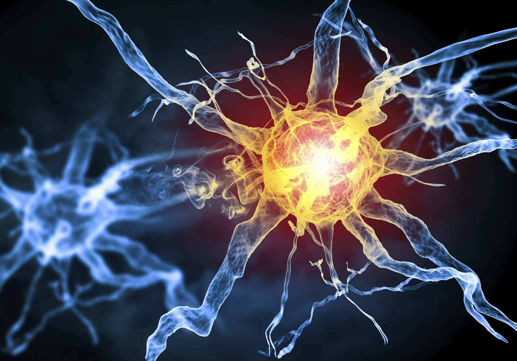 Illustration of a nerve cell on a colored background with light effects
