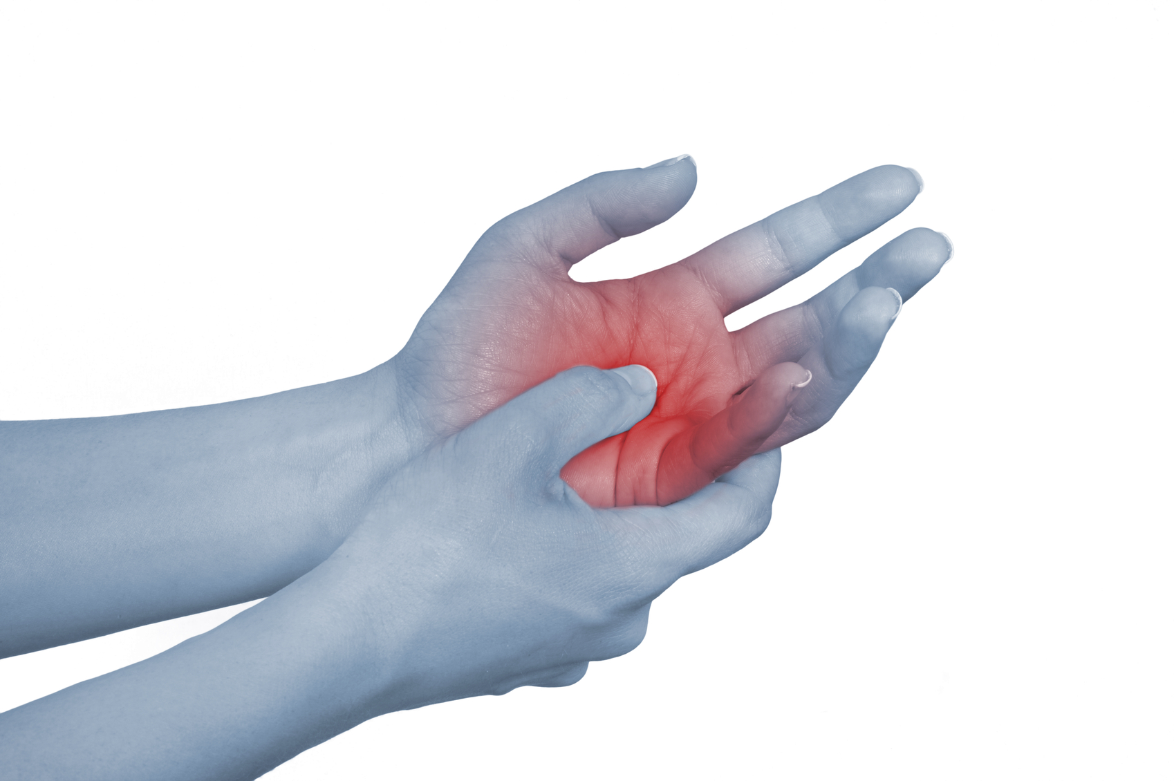 Acute pain in a woman hand. Isolation on a white background