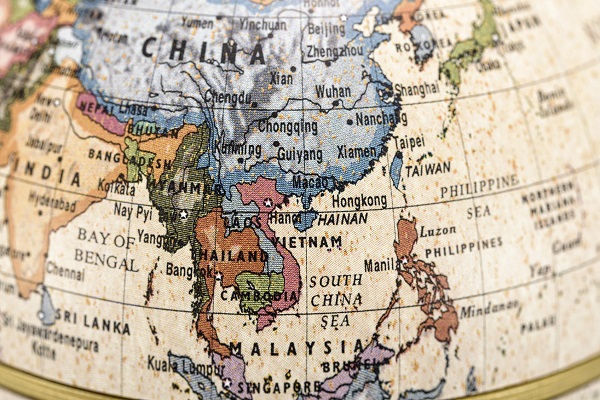 Close-up of East and Southeast Asia in the colorful world map.