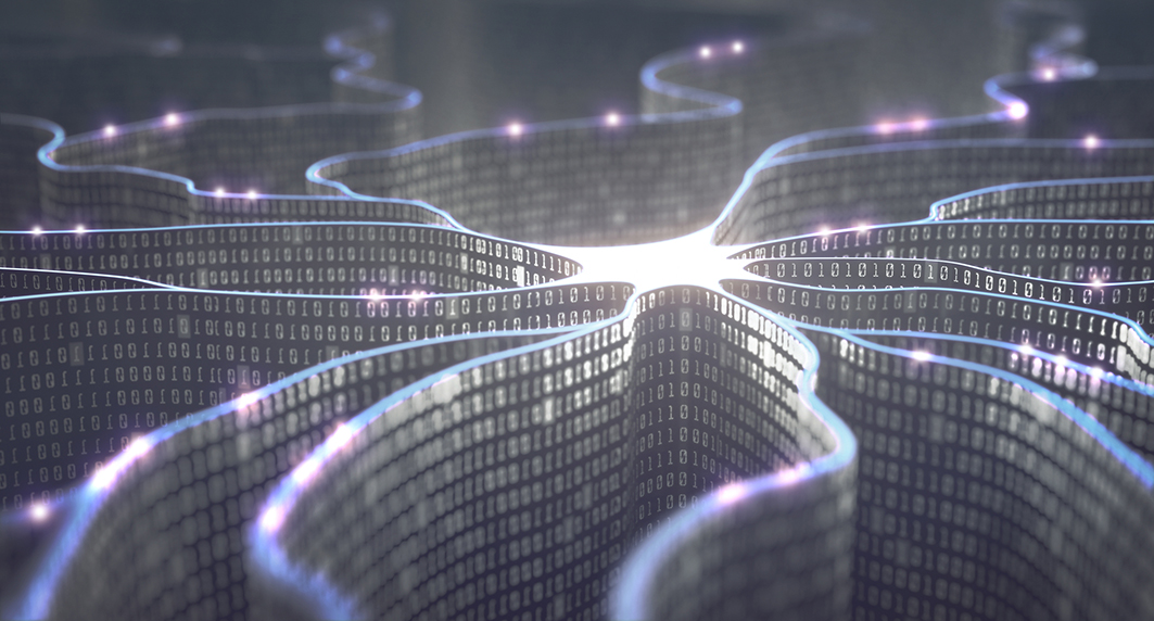 Artificial neuron in concept of artificial intelligence. Wall-shaped binary codes make transmission lines of pulses and/or information in an analogy to a microchip. Neural network and data transmission.