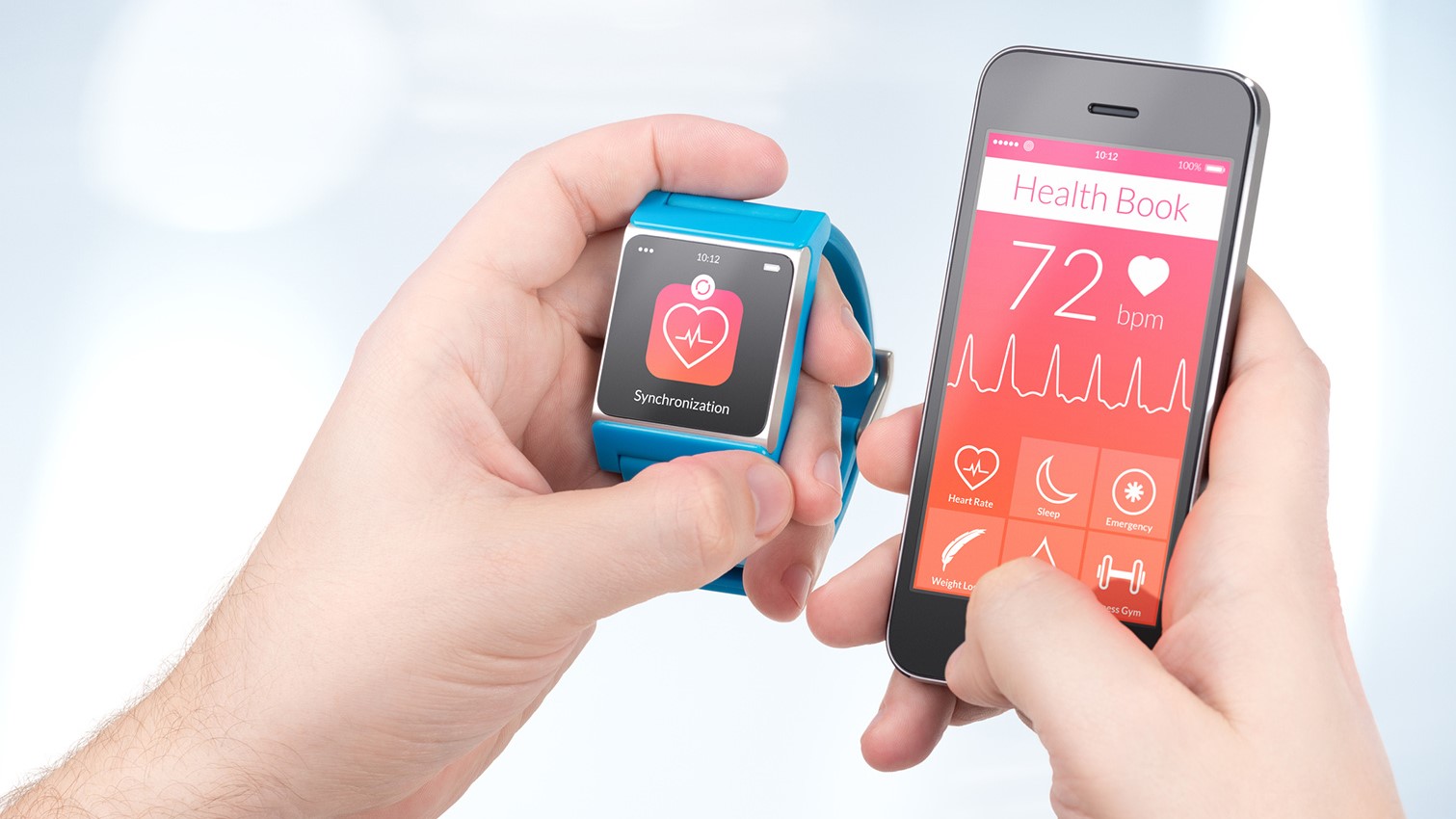 Data synchronization of health book between smartwatch and smartphone in male hands