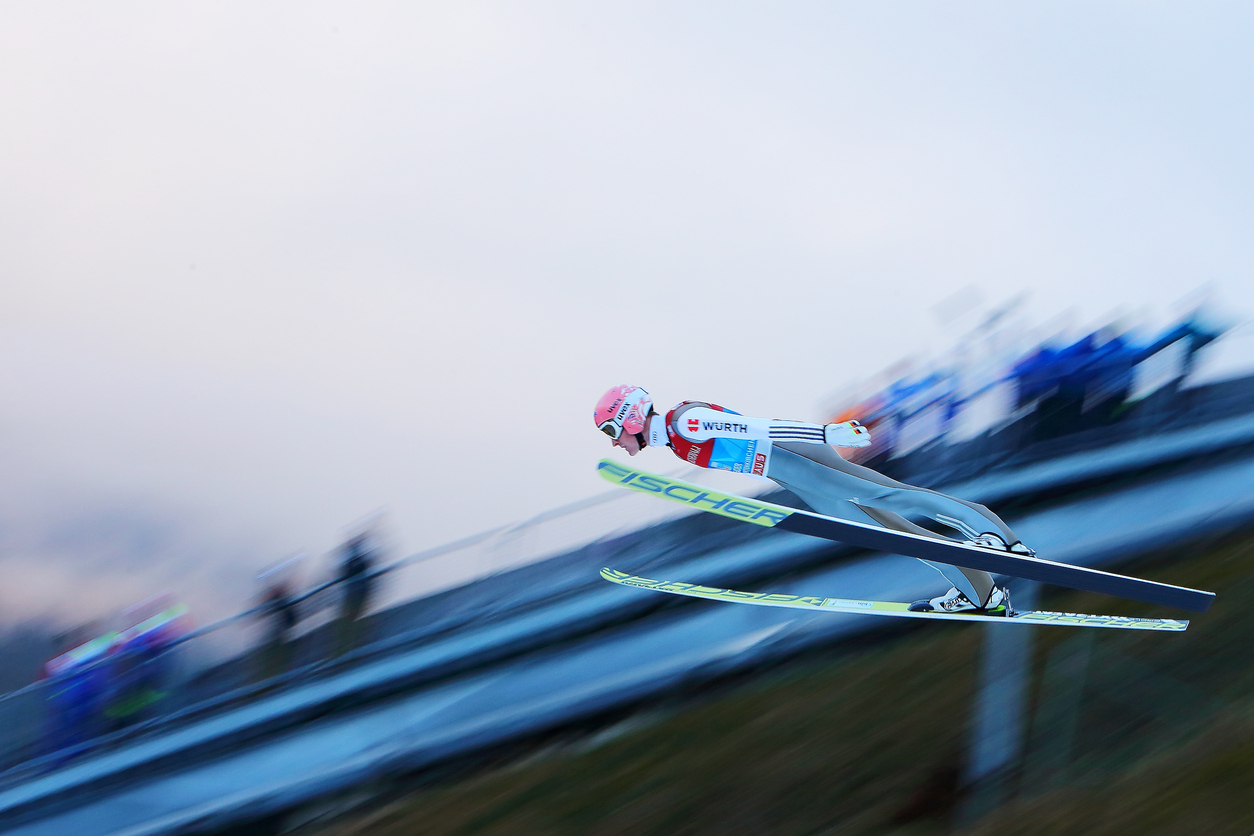 Garmisch-Partenkirchen, Germany - January, 01, 2016: Freund Severin from Germany soars through the air, during the final round, (day two) of the FIS Ski Jumping World Cup, 64th Four Hills Tournament  (Vierschanzentournee), in Garmisch-Partenkirchen near Munich. The second competition of the Four- Hills Sky jumping event takes places In Garmisch-Partenkirchen, the third competition continues in Innsbruck, Austria. Ski Jumping events composed of Four Cup events, are held chronologically at Oberstdorf, Garmisch-Partenkirchen, Innsbruck and Bischofshofen..