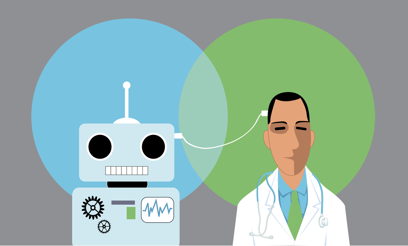 Doctor and robot connected with a wire, EPS 8 vector illustration