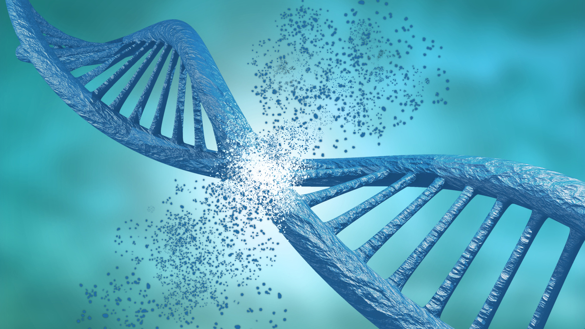 engineering and genetic editing through the Crispr technique. DNA chain breaking down. 3D rendering