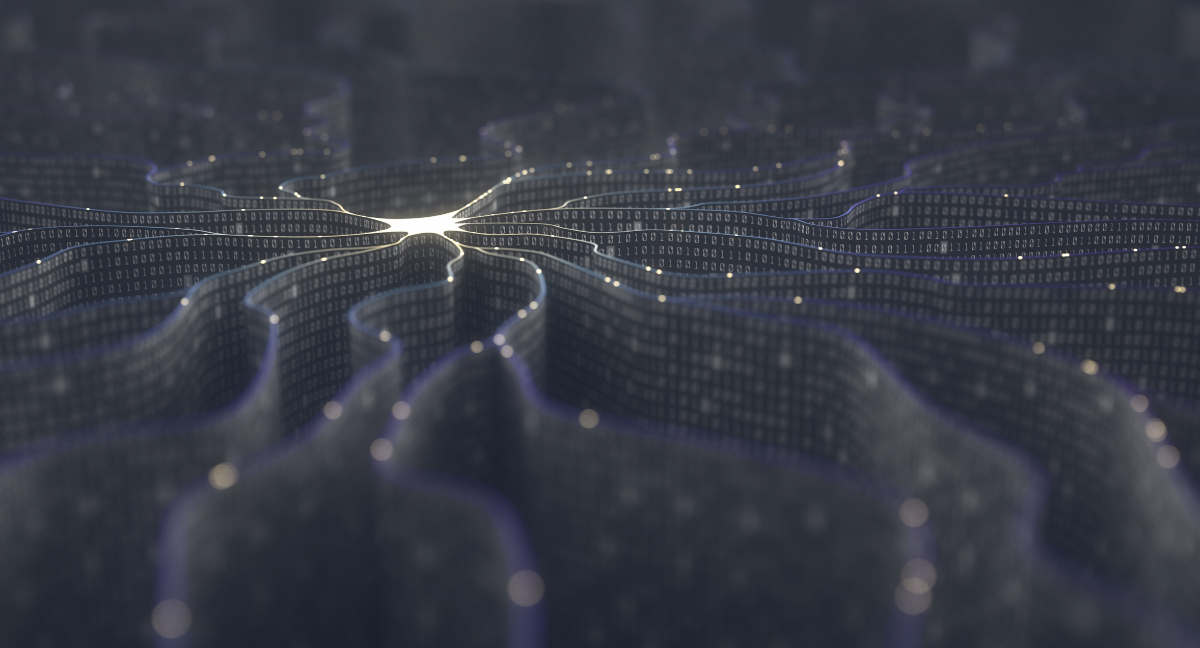 Artificial neuron in concept of artificial intelligence. Wall-shaped binary codes make transmission lines of pulses and/or information in an analogy to a microchip. Neural network and data transmission.