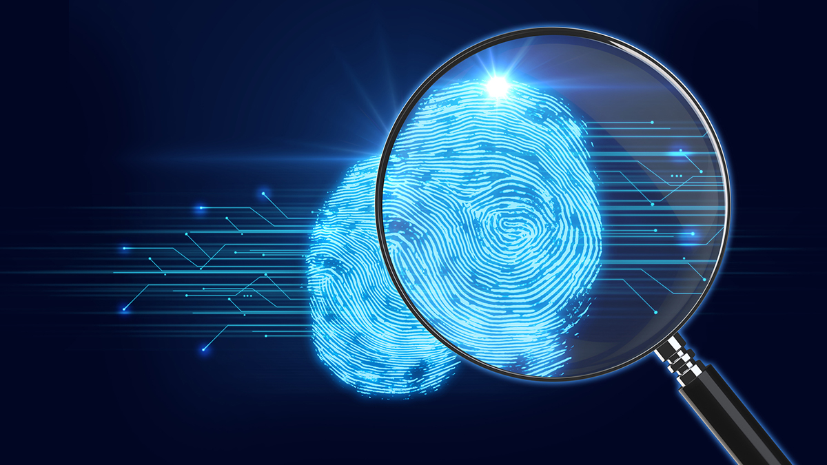 3d rendering of Magnifying Glass on digital fingerprint image, concept of cyber criminal,Biometric 
Authorization and Business Security Concept.
