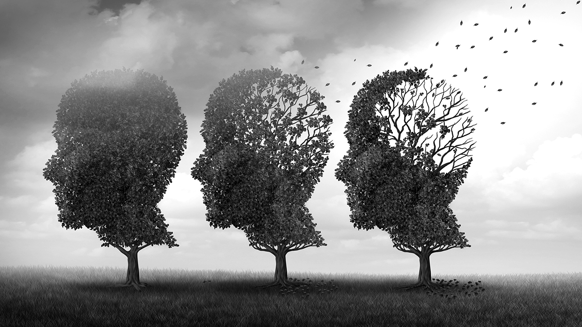 Concept of memory loss and brain aging due to dementia and alzheimer's disease as a medical icon with fall trees shaped as a human head losing leaves with 3D illustration elements.