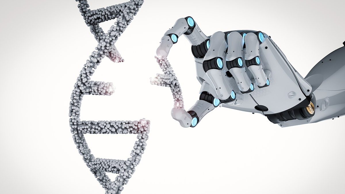 Genetic engineeering concept with 3d rendering robotic hand editing dna helix