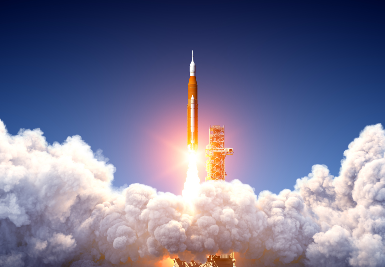 Big Heavy Rocket Space Launch System Launch. 3D Illustration.