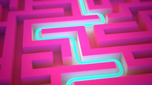Blue neon path across abstract endless labyrinth