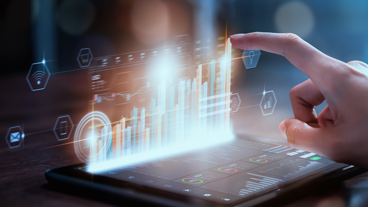 Stock exchange market concept, businesswoman hand trader press digital tablet with graphs analysis candle line on table in office, diagrams on screen.