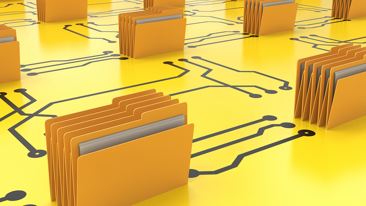 Data storage archive concept with 3d rendering folder connect on circuit board